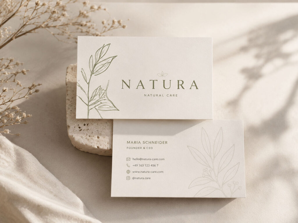 Elegante Visitenkarten mit botanischem Logo in Beige und Olivgrün auf einem hellen, natürlichen Hintergrund.