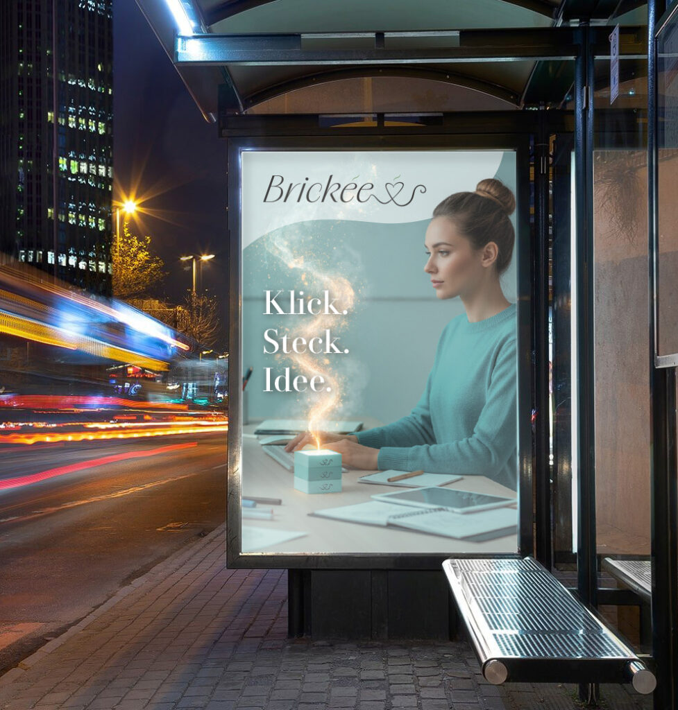 Beleuchtetes Citylight an einer Bushaltestelle mit einer Brickée-Werbung zum Thema Kreativität und modularen Duftziegeln.