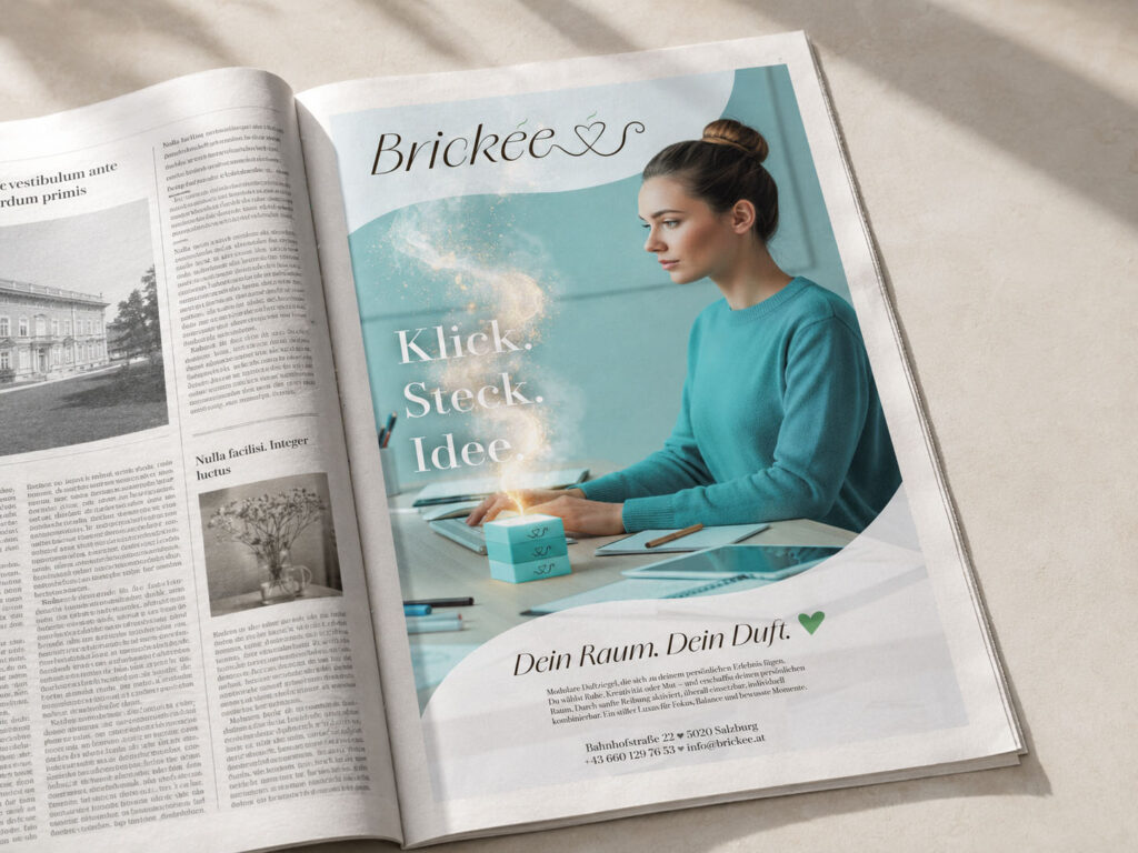 Brickée-Inserat in einer aufgeschlagenen Zeitung mit einer Frau am Schreibtisch und dem Slogan „Klick. Steck. Idee.“