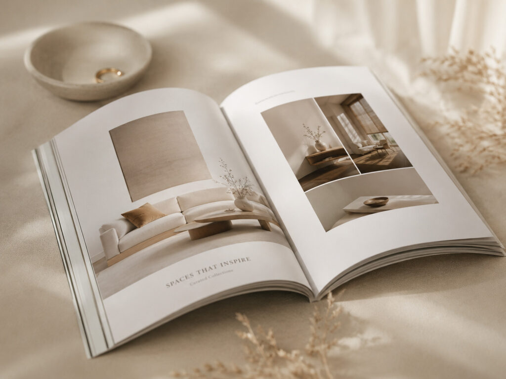 Geöffnetes Designmagazin mit minimalistischen Wohnaufnahmen in warmen Beige- und Naturtönen.