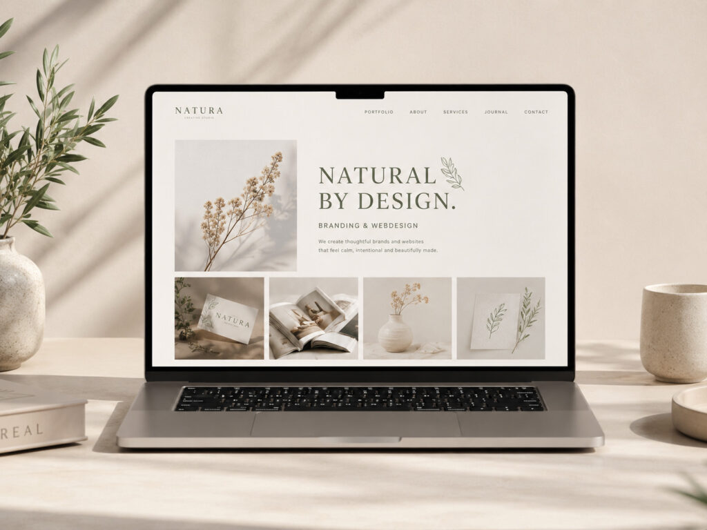 Laptop mit einer minimalistischen Website für Branding und Webdesign, umgeben von Pflanzen und Keramik in Naturtönen.