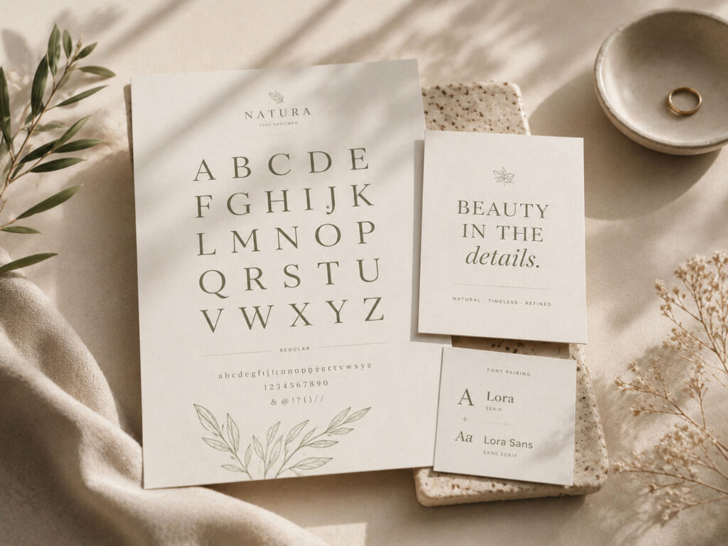 Typografie-Moodboard mit Buchstaben, Schriftkombinationen und botanischen Elementen in warmen Naturtönen.