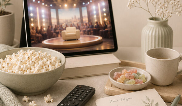 Gemütliche TV-Abend-Szene mit Tablet, Popcorn, Süßigkeiten und Tasse als Symbol für deutsches Trash-TV.