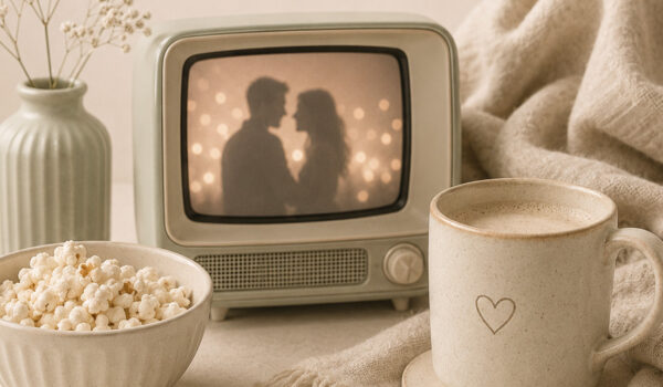 Gemütliche Szene mit kleinem Retro-Fernseher, Popcorn und Tasse in sanften Naturtönen als Symbol für kitschige Serien.
