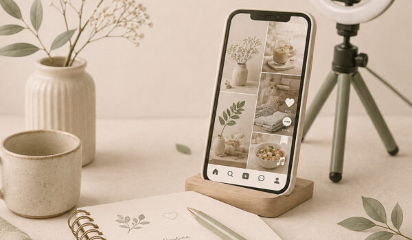Ästhetische Szene mit Smartphone, Ringlicht und Notizbuch in neutralen Farbtönen als Symbol für TikTok-Trends und neue Inspiration.