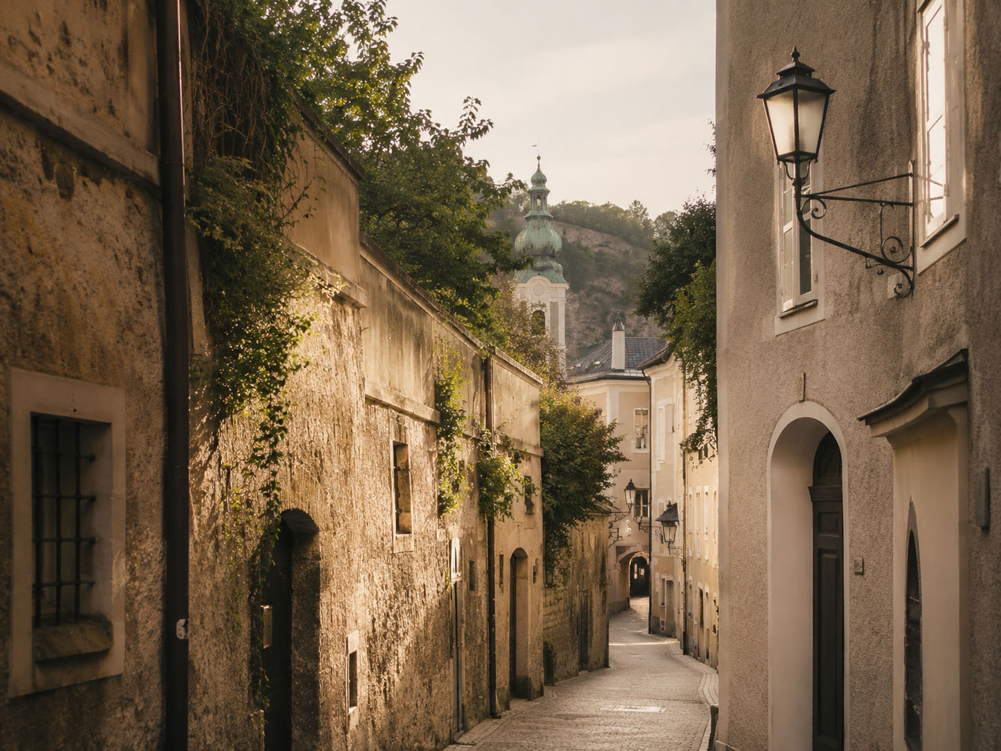 Historische Gasse oder Architektur in Salzburg im warmen Abendlicht mit besonderer, inspirierender Stimmung.