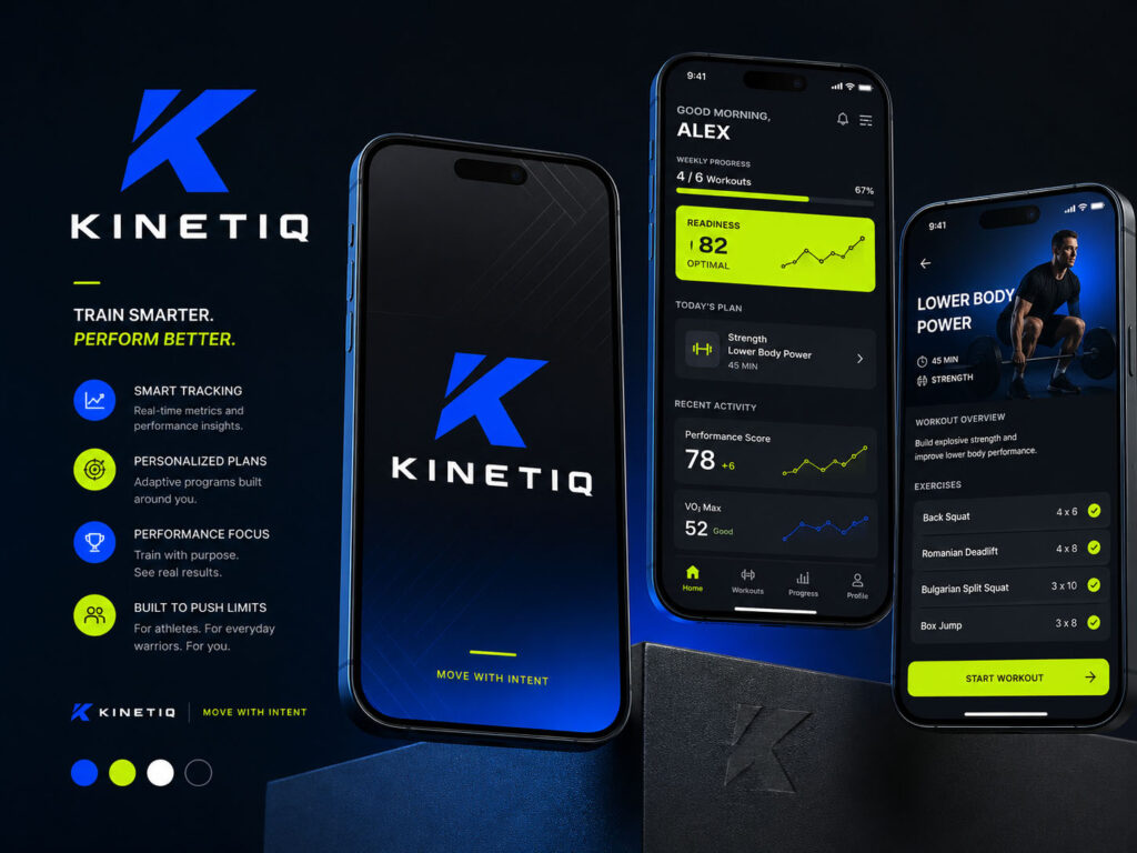 Fitness-App von Kinetiq auf mehreren Smartphones mit dunklem Interface und blauen sowie neongrünen Akzenten.