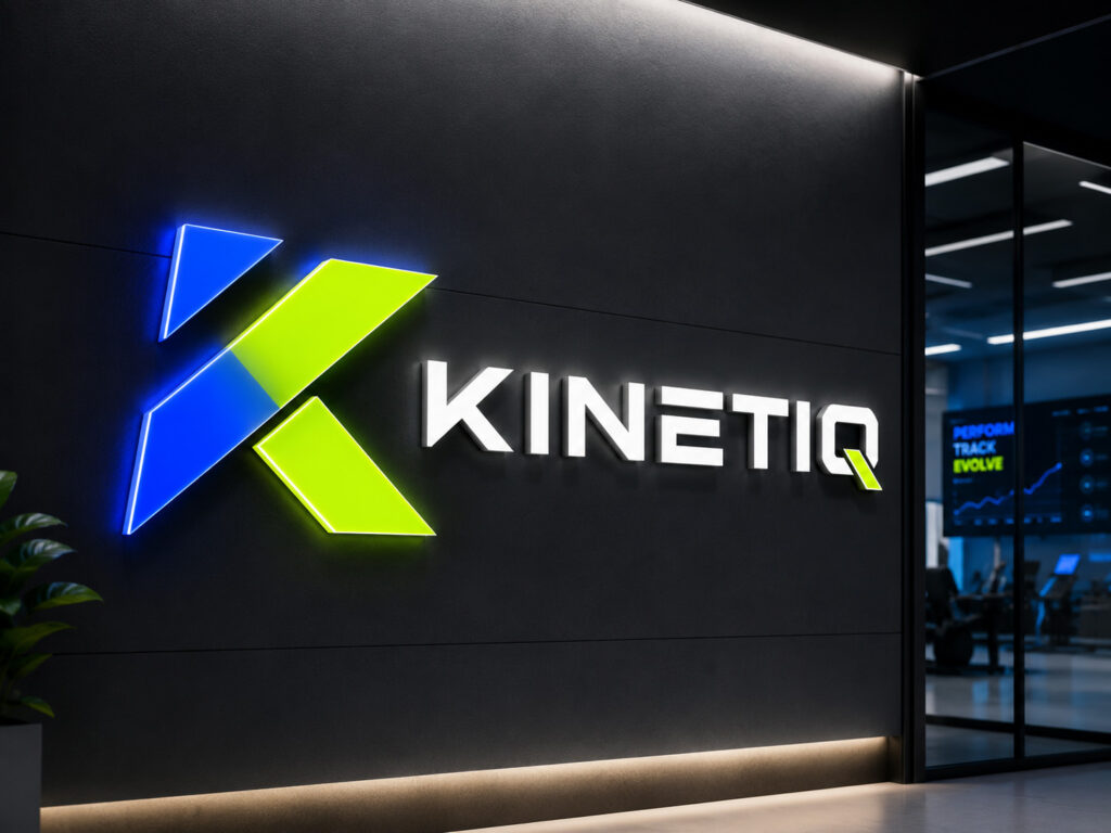 Leuchtendes Kinetiq-Logo in Blau und Neongrün an einer dunklen Wand in einem modernen Studio.