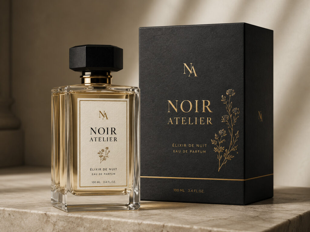 Luxuriöser Parfumflakon von Noir Atelier neben einer schwarzen Verpackung mit goldenen Details.