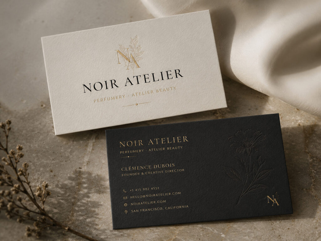 Helle und schwarze Visitenkarten der Parfümmarke Noir Atelier mit goldener Typografie und floraler Prägung.