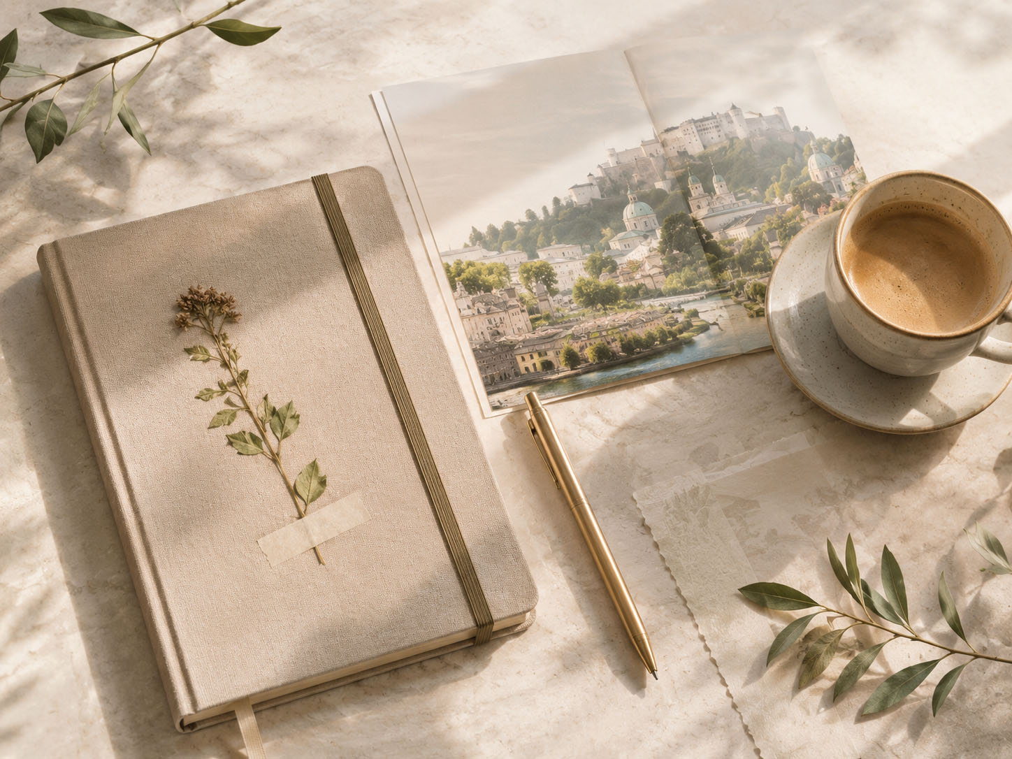 Gemütliche Szene mit Reisejournal und Kaffee als Sinnbild für kreative Inspiration und bewusste Beobachtung.