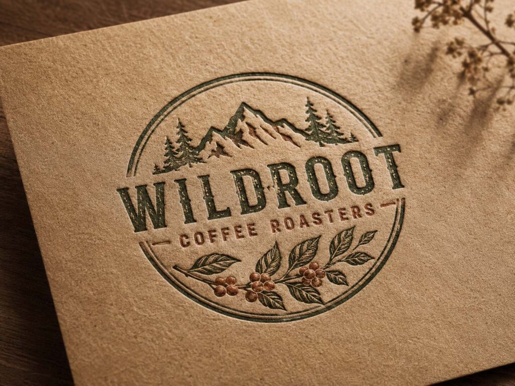 Rustikales Wildroot-Coffee-Roasters-Logo mit Bergen, Tannen und Kaffeepflanze auf strukturiertem Naturpapier.