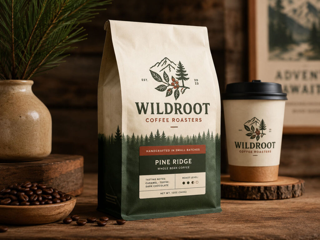 Kaffeeverpackung und Coffee-to-go-Becher von Wildroot Coffee Roasters auf einem rustikalen Holztisch.
