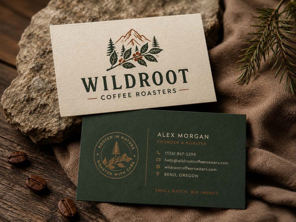 Cremefarbene und dunkelgrüne Visitenkarten von Wildroot Coffee Roasters in rustikaler Umgebung.